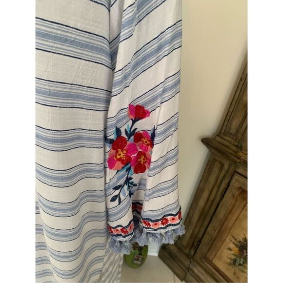 Altar'd State Blue Striped Embroidered Floral Boho Kimono Duster Cardigan - Picture 7 of 12